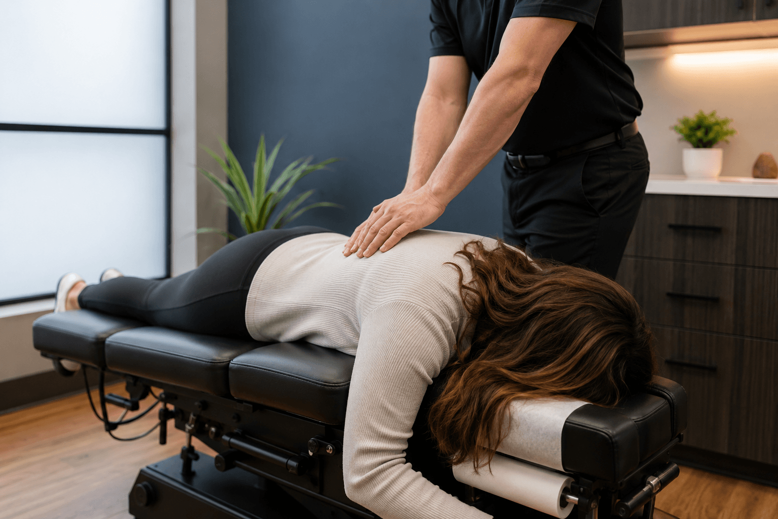 A chiropractor at Dixon Chiropractic and Spine Clinic providing gentle, hands-on spinal care for a patient in the Etobicoke clinic.