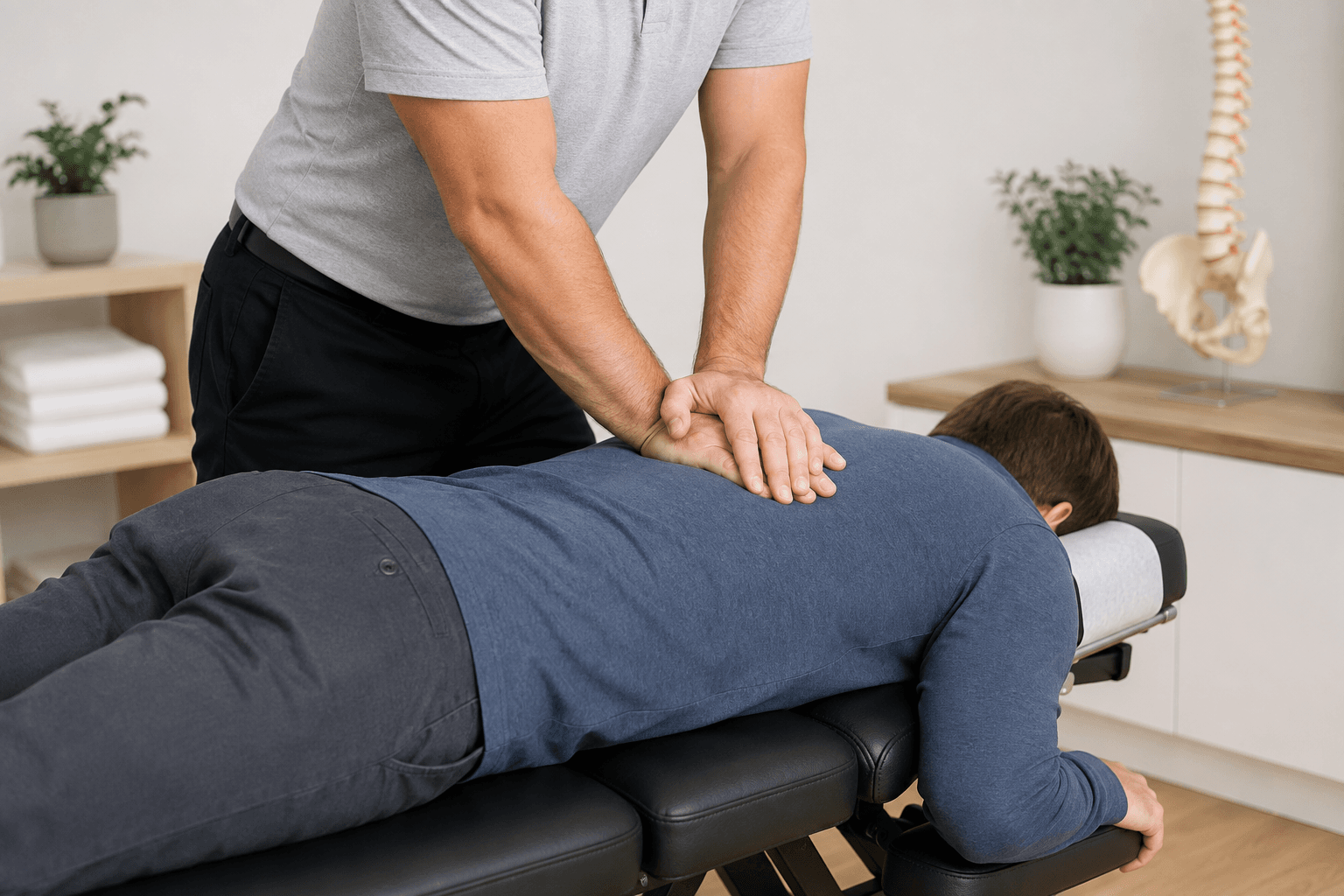 A chiropractor at Dixon Chiropractic and Spine Clinic providing gentle, hands-on spinal care for a patient in the Etobicoke clinic.