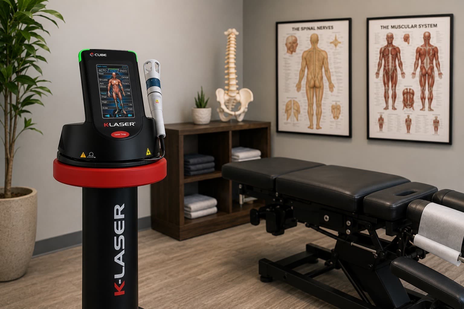 The Class IV K-Laser therapy unit with its touchscreen console and handpiece in a treatment room at Dixon Chiropractic and Spine Clinic in Etobicoke.