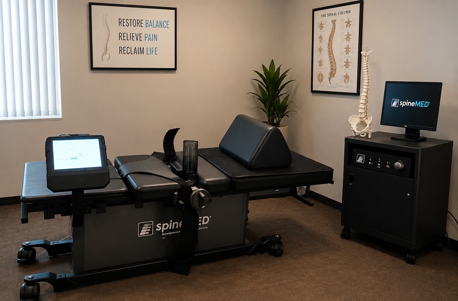 A SpineMED spinal decompression table and control console set up in a calm treatment room at Dixon Chiropractic and Spine Clinic in Etobicoke.